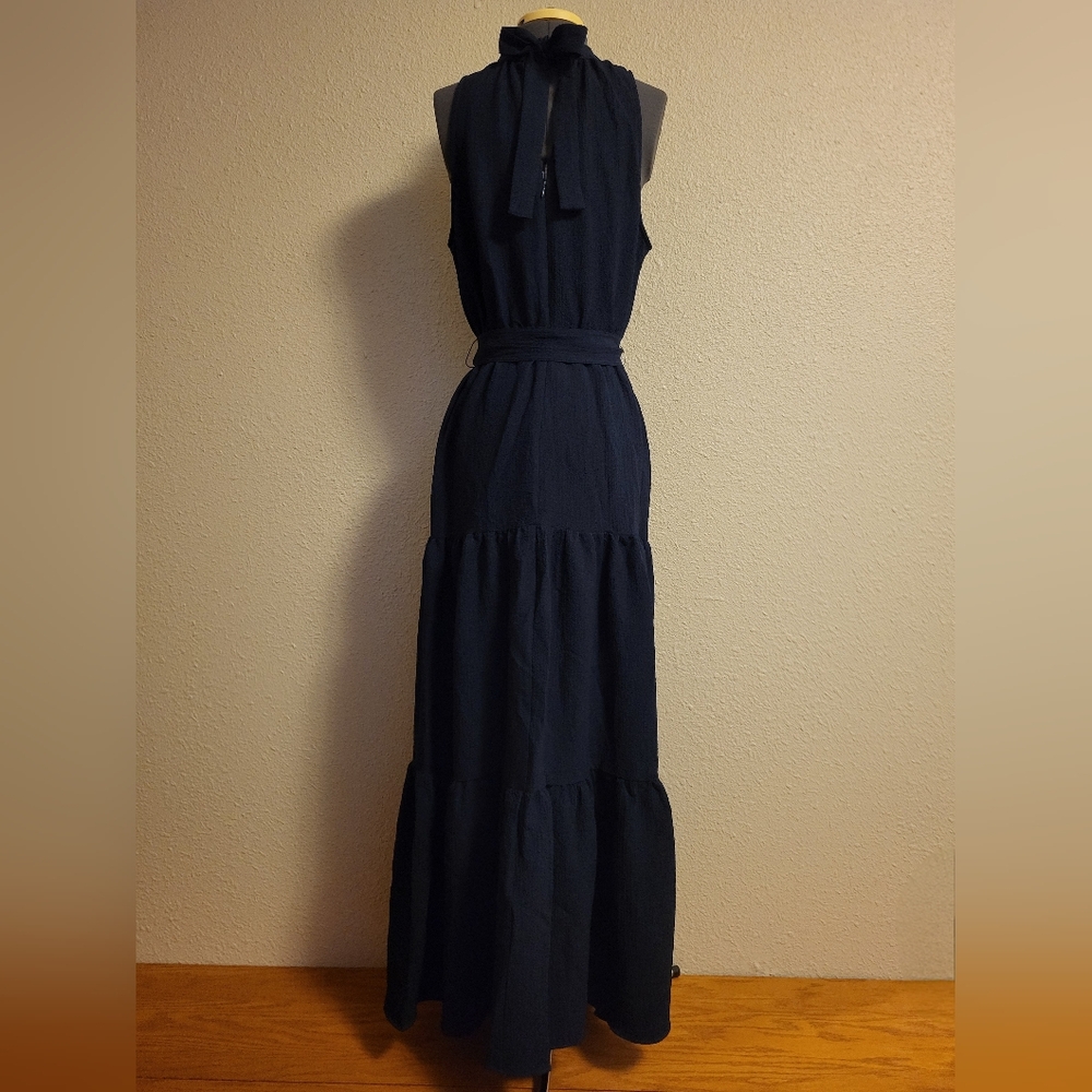 Anne Klein Navy Crinkle Mock Neck Tiered Maxi Dress Size 10 - Picture 2 of 8